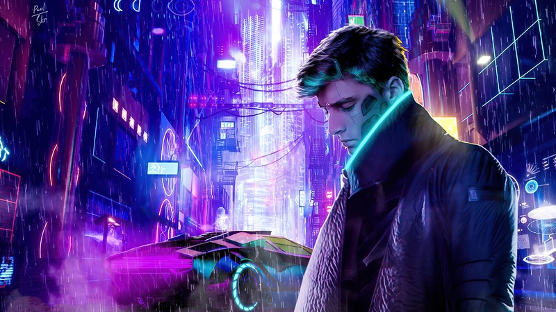 Мужчина в черной куртке, стоящий в городе ночью (cyberpunk 2077, видеоигра)