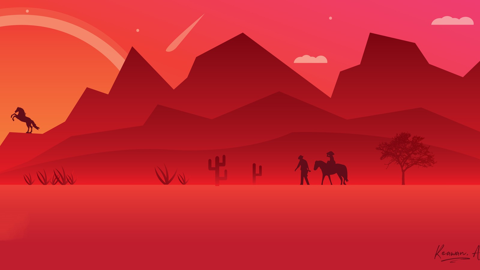 Un dessin animé d'une scène désertique avec un cheval et un cavalier (red dead redemption 2, red dead redemption, rouge, illustration, paysage)