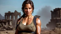 Lara Croft em uma paisagem pós-apocalíptica, mostrando força e resiliência em meio às ruínas.