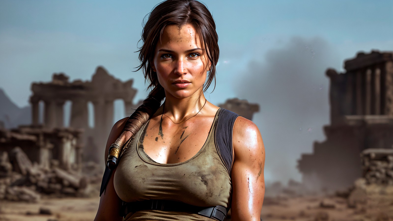 Une femme en débardeur se tenant devant des ruines (lara croft, apocalypse, art dia, ai art, graphismes cgi)