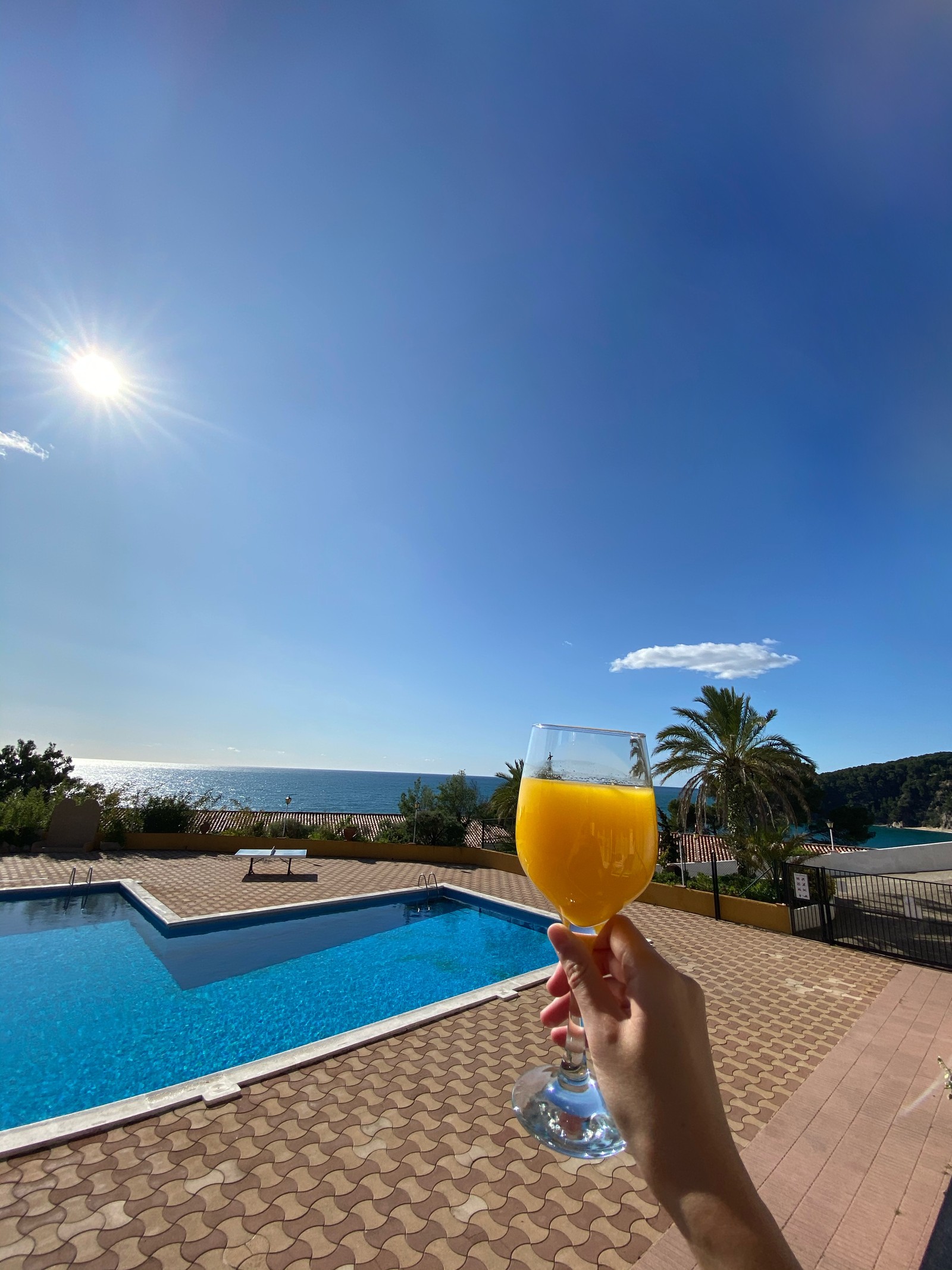 Alguien sosteniendo un vaso de jugo de naranja frente a una piscina (españa, agua, piscina, bebida, utensilios de mesa)