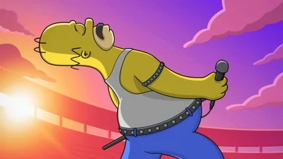 Homer Simpson performing passionately on stage at sunset, capturing the essence of animated rock stardom.