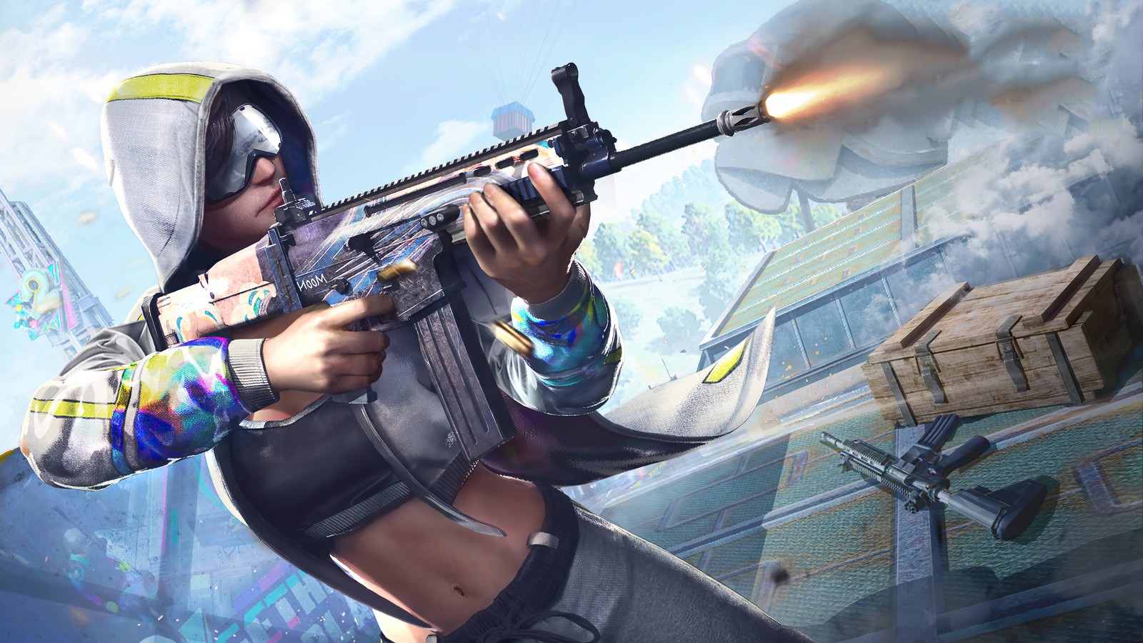 Une femme en hoodie tenant un pistolet et tirant (pubg mobile, jeu vidéo, playerunknowns battlegrounds, filles, peau)