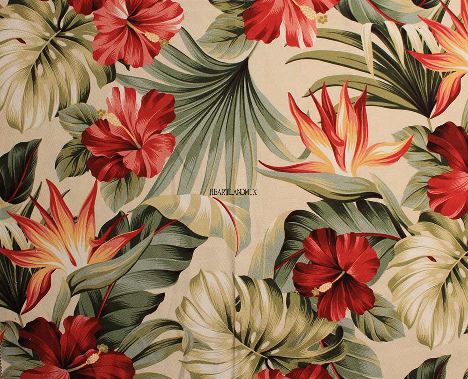 A close up of a floral print fabric with red and yellow flowers (floral design, textile, flower, plant, design)