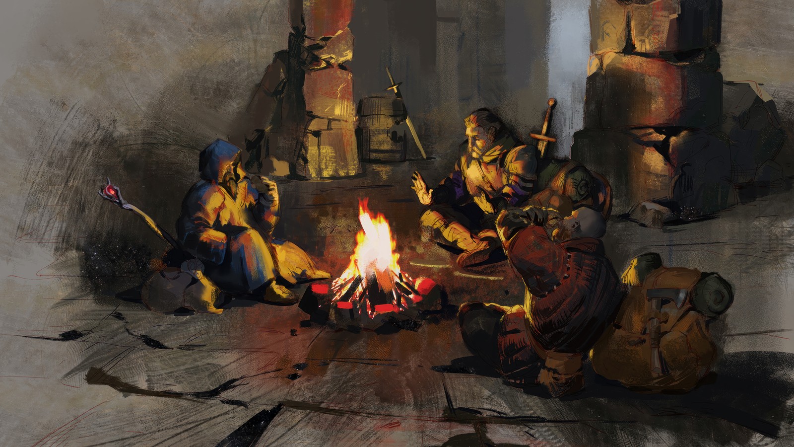 Painting of a group of people sitting around a fire in a room (dark and darker, video game, campfire, bonfire)