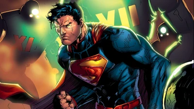 Superman in a dynamic pose, showcasing strength and determination against a backdrop of vibrant colors and shadowy figures.