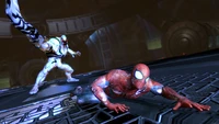 Spider-Man in Aktion: Eine dynamische Begegnung mit einem Bösewicht im Spiel 'Der erstaunliche Spider-Man