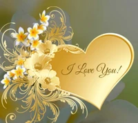 Elegant gold heart adorned with yellow flowers, featuring the message "I Love You!