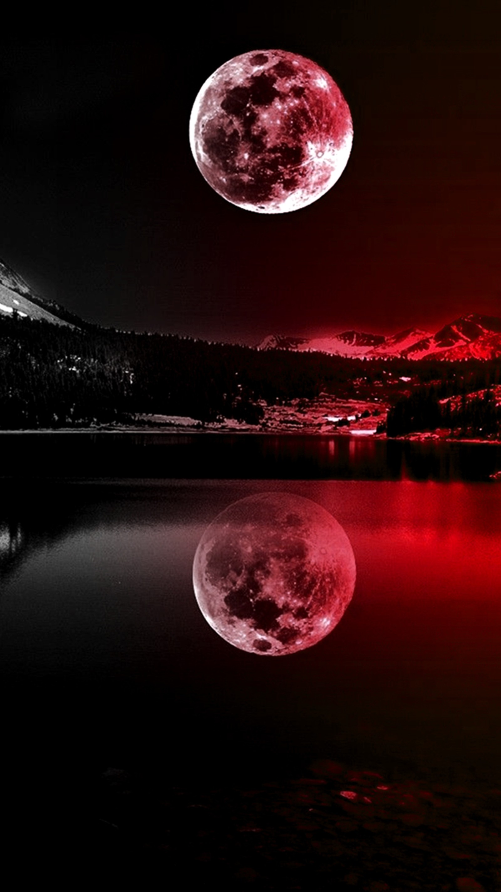 Uma imagem de uma lua cheia sobre um lago com uma montanha ao fundo (luz do luar, vermelho)