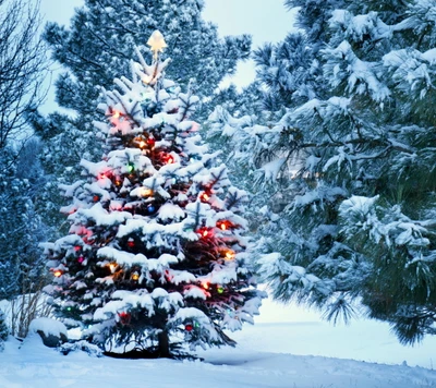 Árvore de Natal nevada em uma floresta de inverno