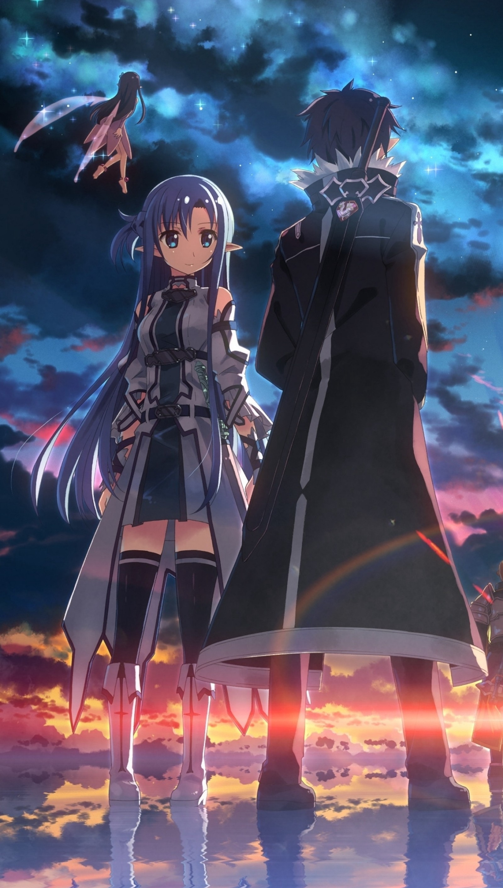 Des personnages d'anime se tiennent devant un ciel de coucher de soleil avec un oiseau volant au-dessus (art, asuna, kirito, en ligne, épée)