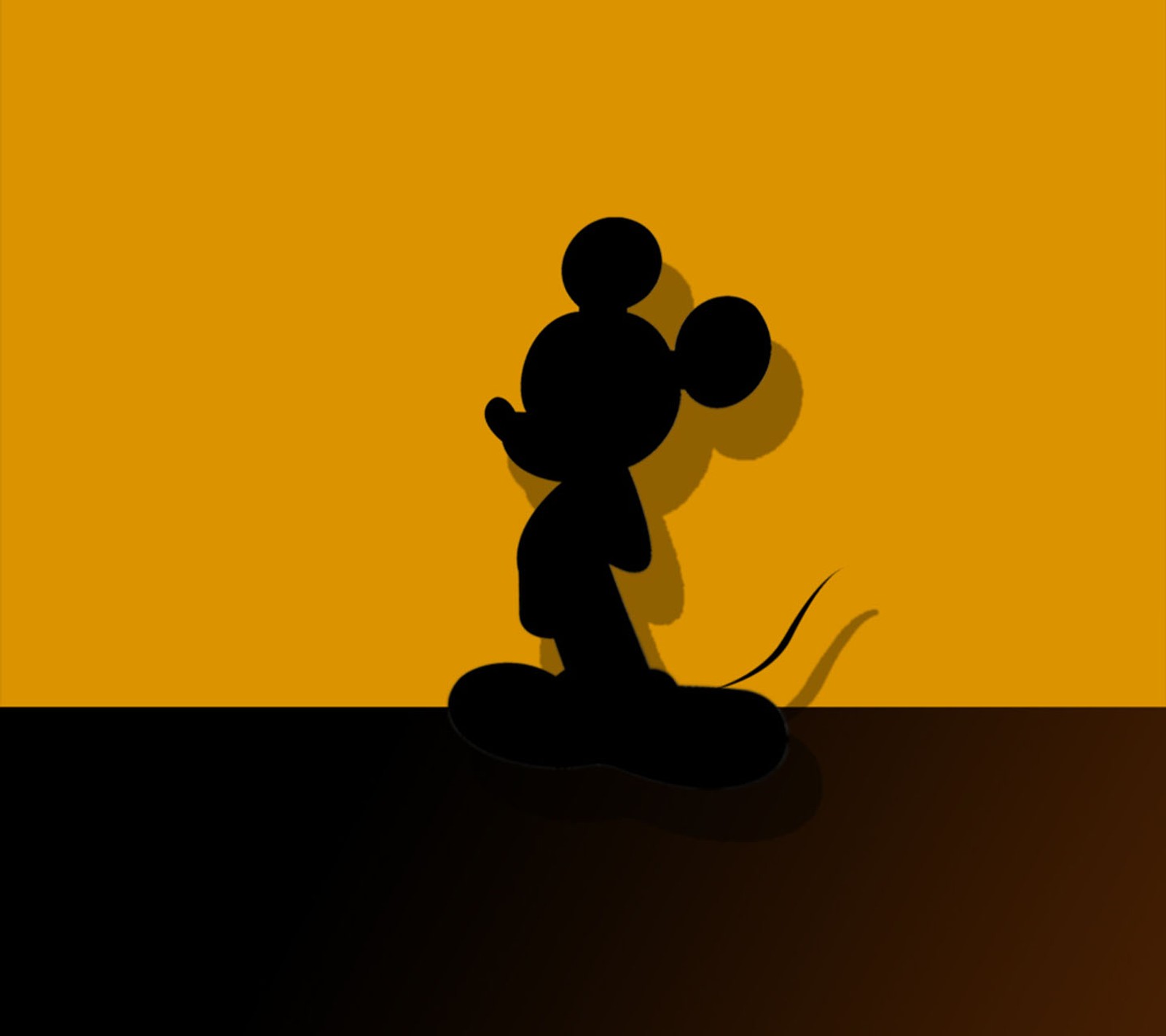 Mickey mouse im silhouette vor einem gelben hintergrund mit einem schatten. (mickey, maus, schatten)