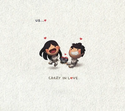 A playful illustration of a couple joyfully expressing their love, accompanied by a small, cute character, surrounded by floating hearts.