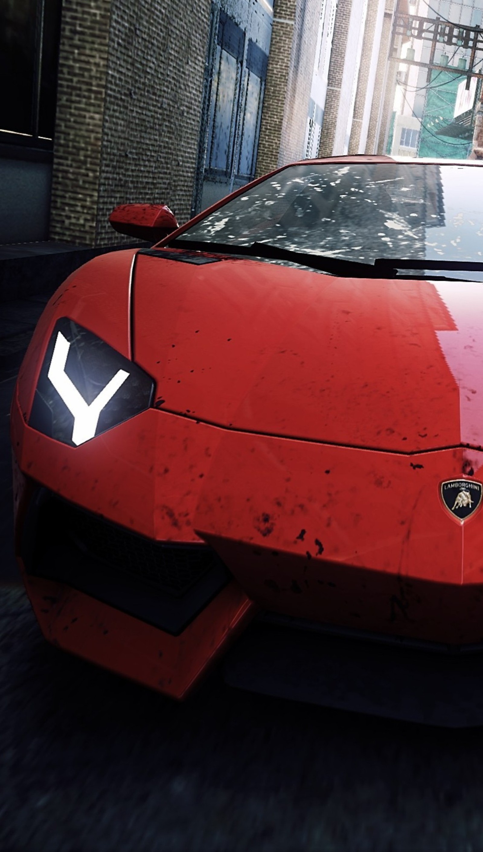 A close up of a red sports car driving down a street (aventador, car, red)