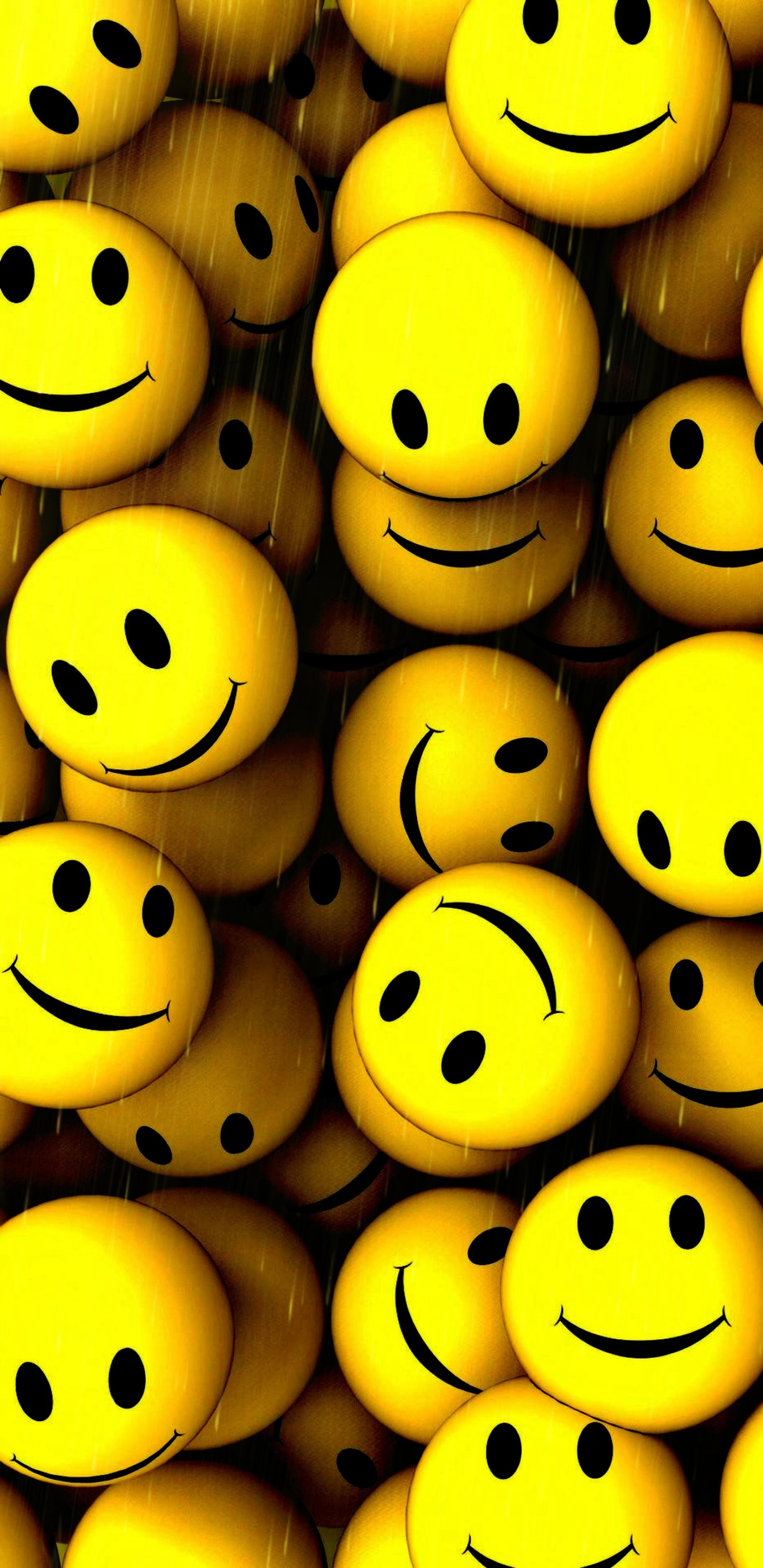 Yellow smiley face balls with black eyes are piled together (3d smileys, smiley, yellow)