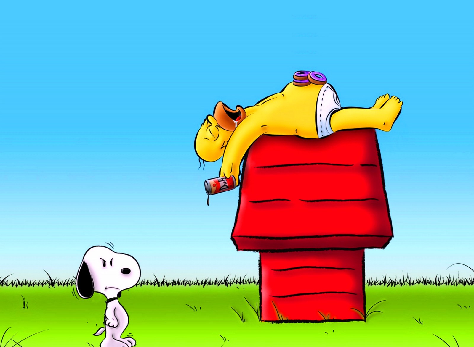 Snoop et woodstock dans l'herbe avec une niche pour chien (dessins animés drôles, homer simpson snoopy dog)