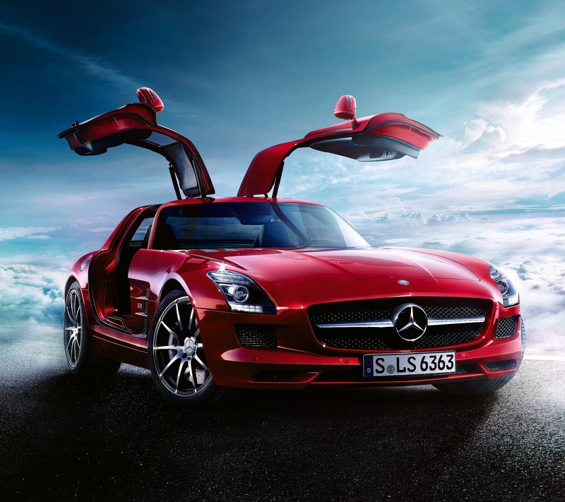 Красный mercedes sls amg с открытыми дверями на дороге (amg, авто, benz, машины, mercedes)