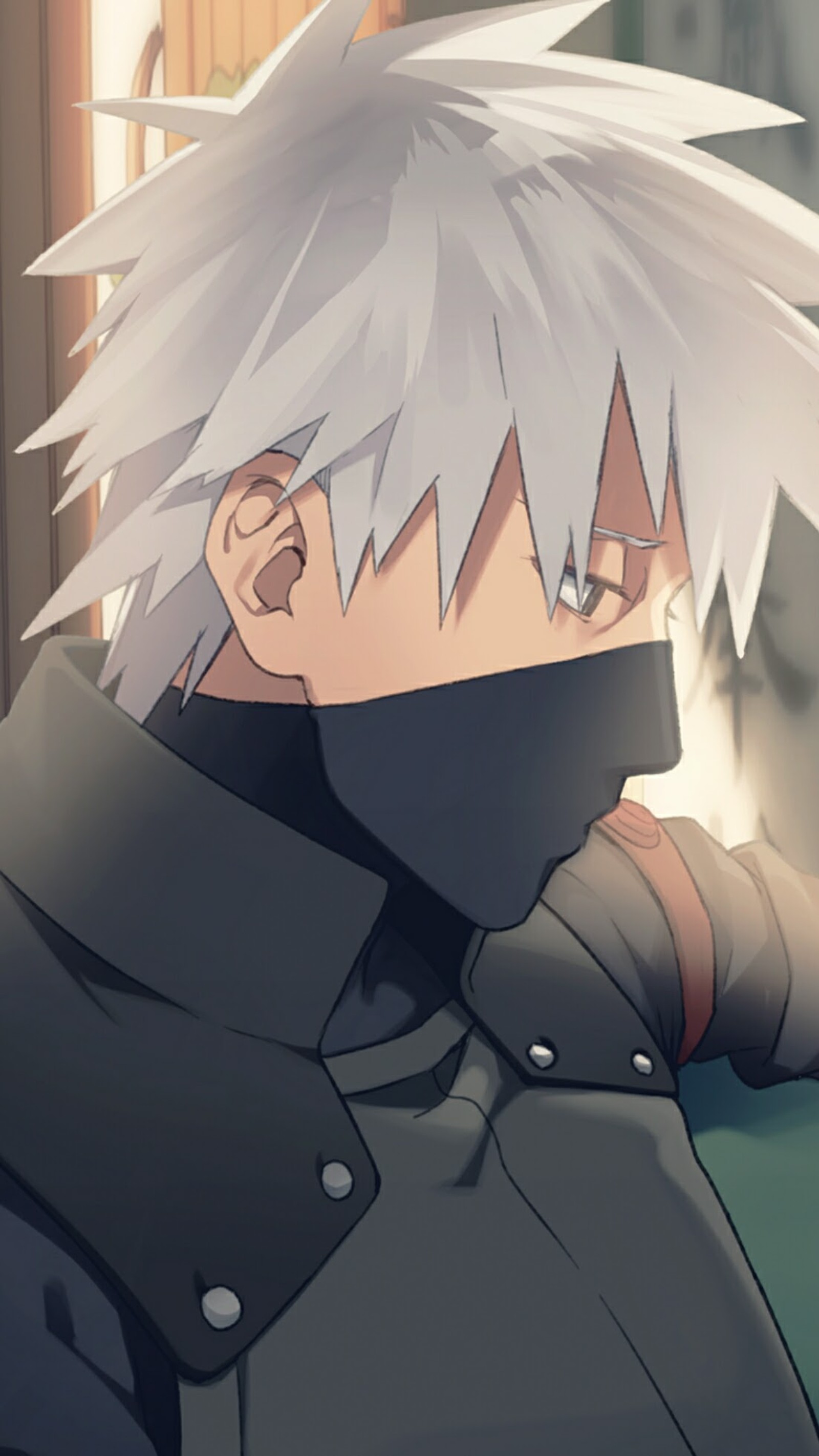 Anime-stil bild eines mannes mit weißen haaren und schwarzer jacke (anime, boruto, hatake, verstecktes blatt, kakashi)