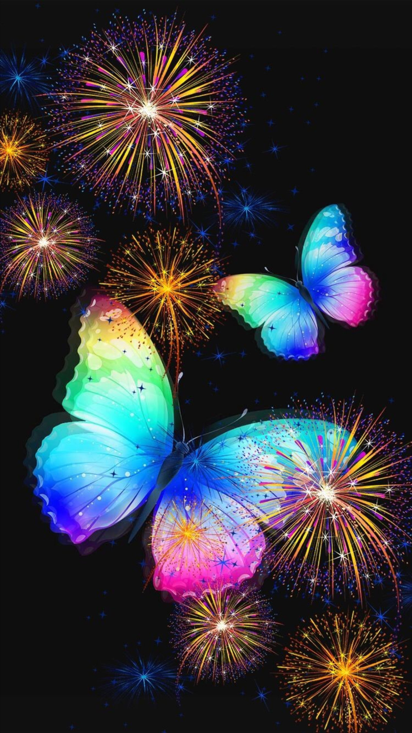 Butterflies and fireworks in the night sky with colorful lights (abstract, butterfly, celebration, design, fireworks)