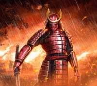 Fierce Samurai in Armor Amidst Fiery Rain