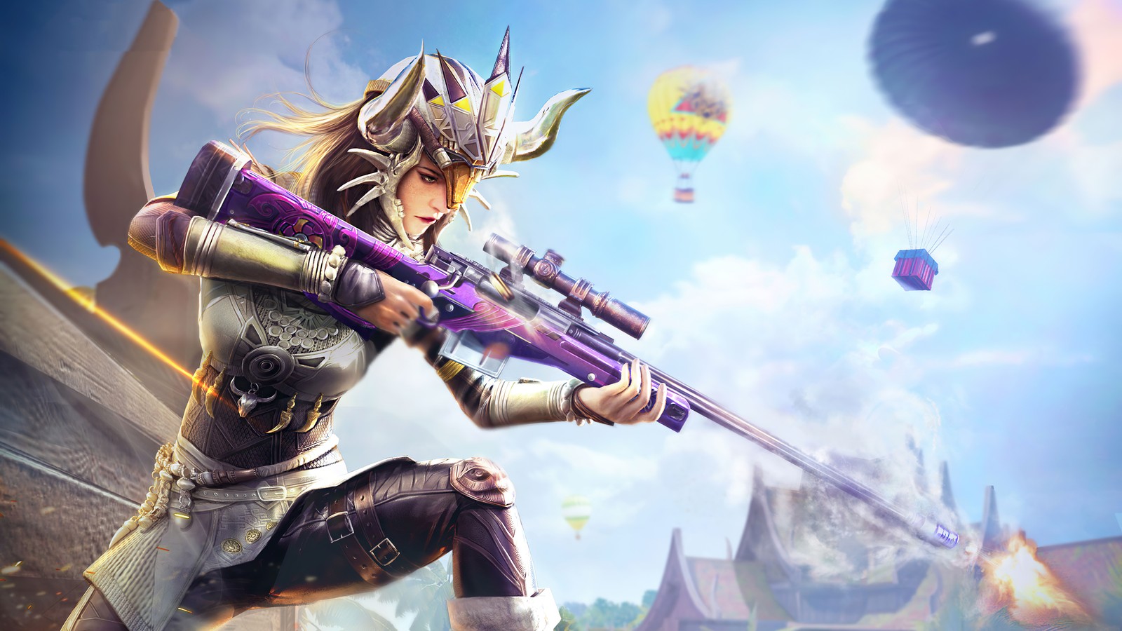 Une femme en armure tenant un fusil et un fusil violet et noir (chasseur de laube, pubg mobile, caisse premium, jeux 2020, 2020 games)