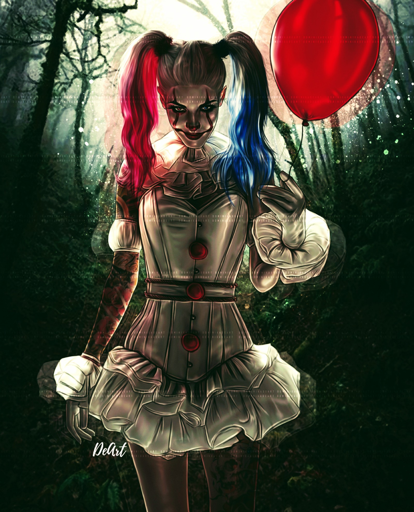 Palhaço com balão vermelho na floresta com a lua cheia ao fundo (harley quinn, harleyquinn, horror, pennywise)