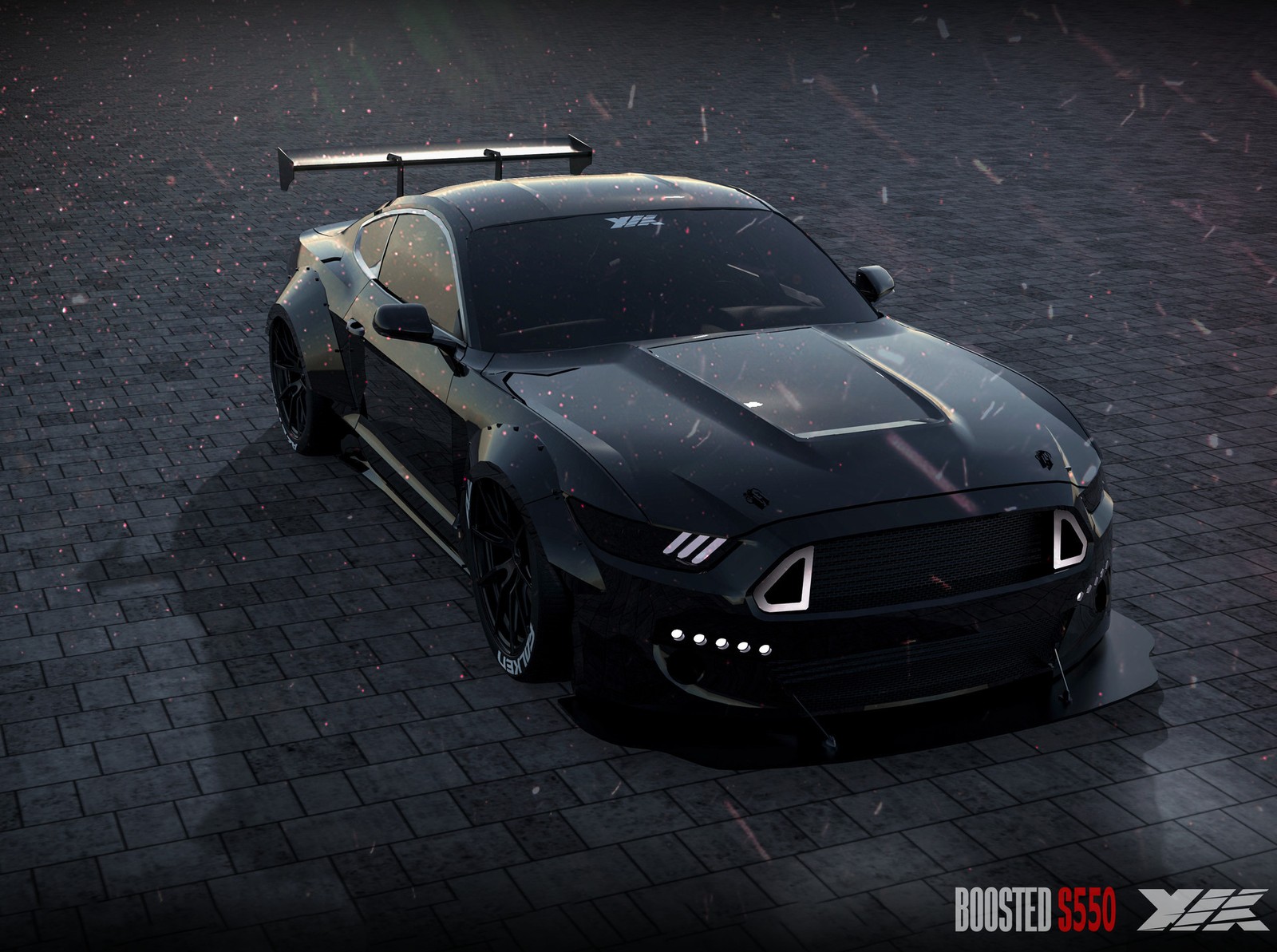 A close up of a black mustang parked on a brick road (cars, ford, hd, muscle, mustang)