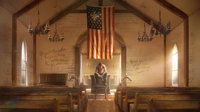 Une figure solitaire est assise dans une église vide, sous un drapeau américain, reflétant un sentiment de perte et de contemplation.