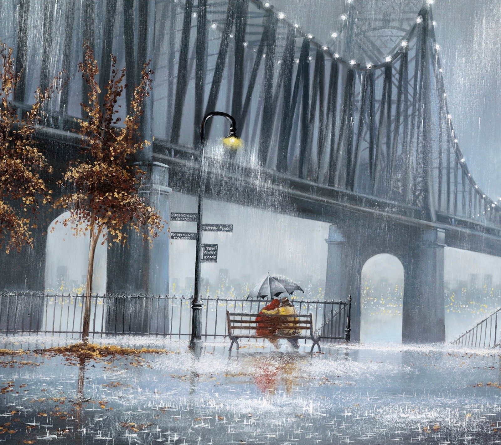 Peinture d'un couple assis sur un banc sous un parapluie (art, couple, dessin, amour, pluie)