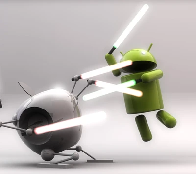 Personagens 3D Android e Apple Droid lutando com sabres de luz