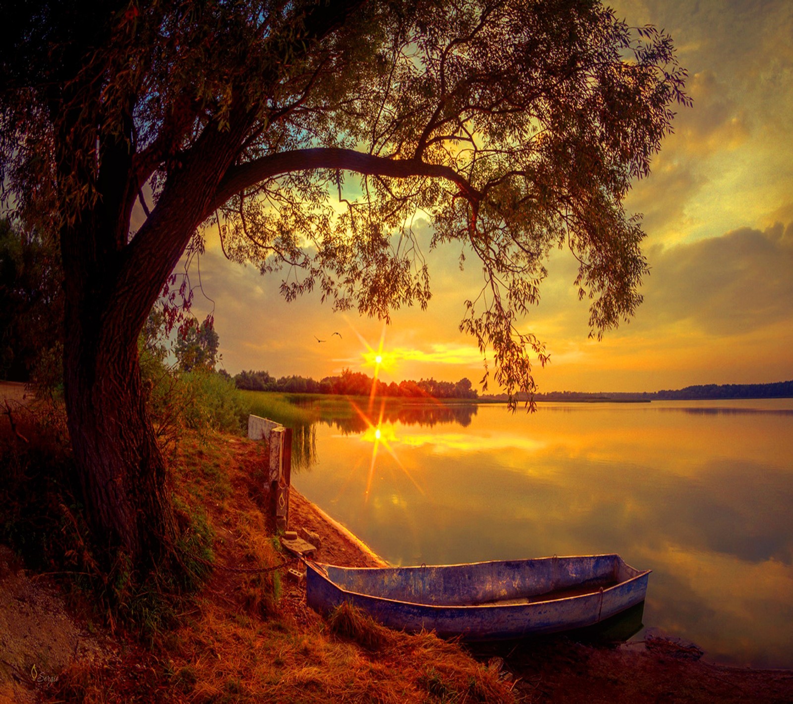 Barco arafed sentado na costa de um lago ao pôr do sol (outono, manhã)