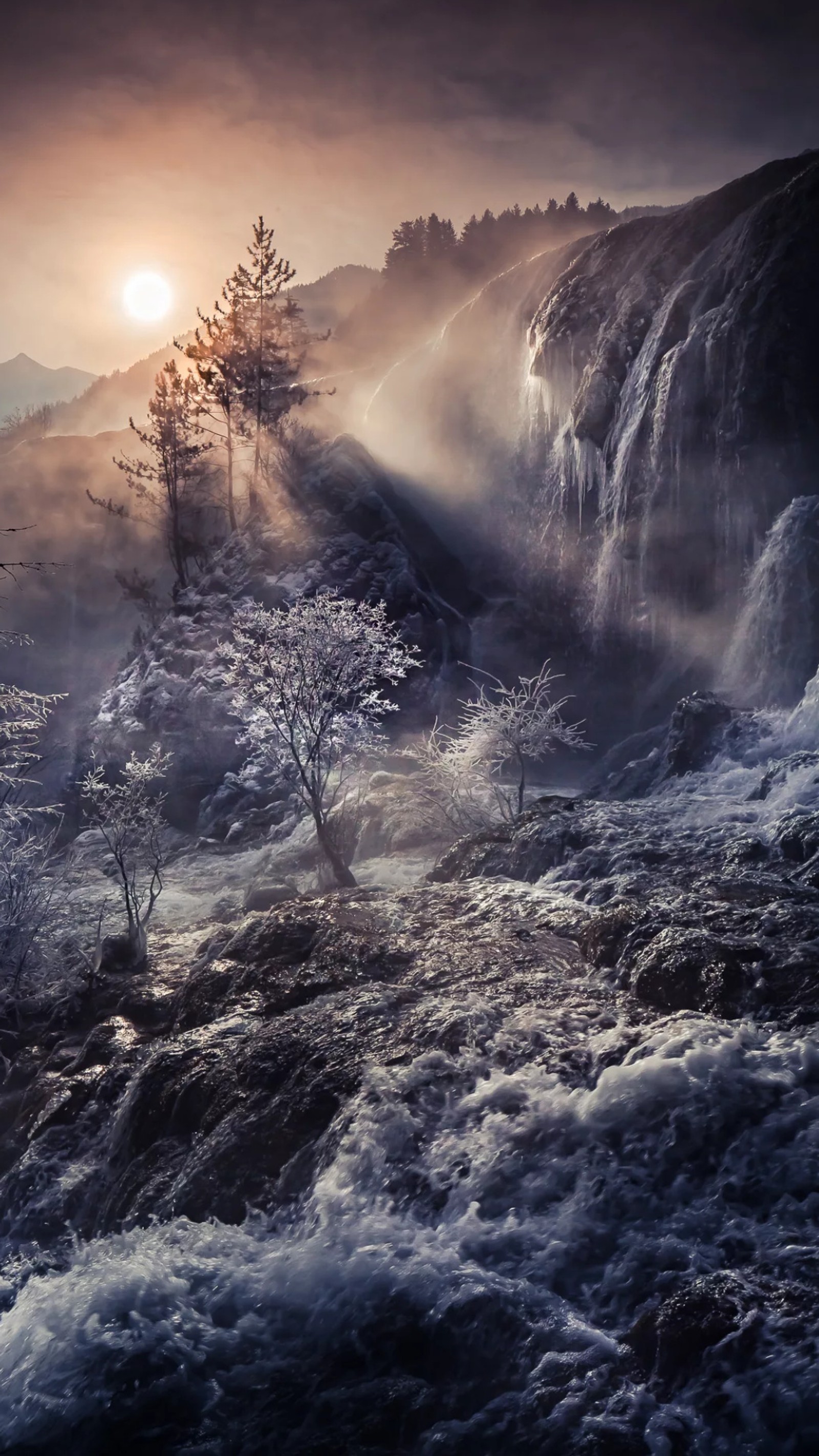 Vue aérienne d'une cascade avec un arbre au premier plan. (éclair, tempête, soleil, rayons de soleil, arbre)