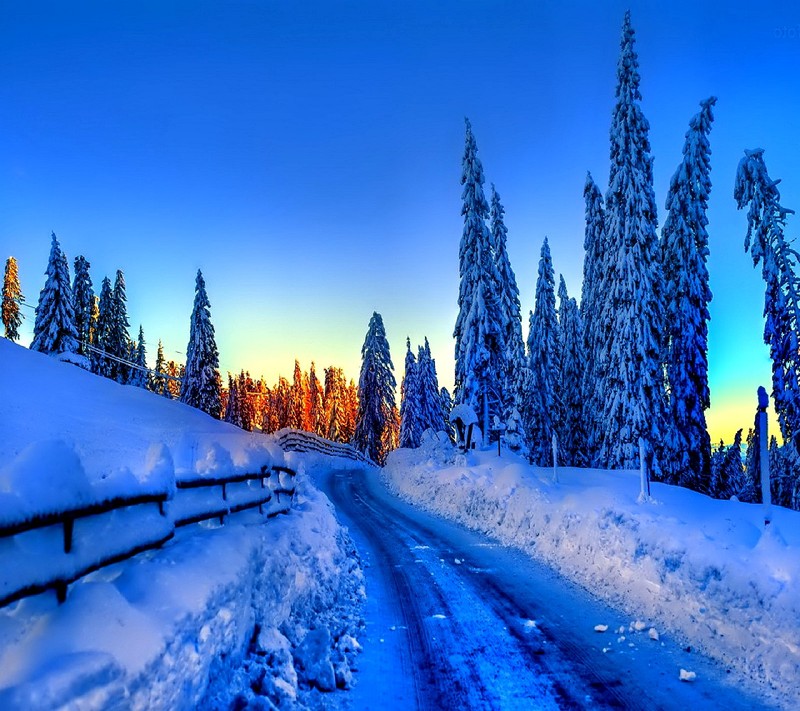 Verschneite straße mit bäumen und zaun im hintergrund bei sonnenuntergang (winter)