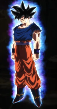 Goku en forme d'Ultra Instinct avec une aura d'énergie de Dragon Ball