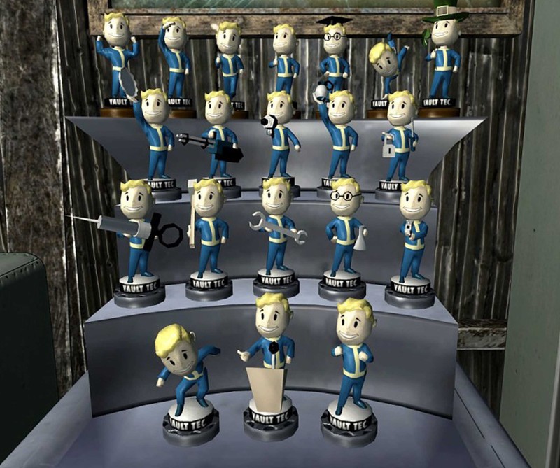 Крупный план витрины с фигурками людей (360, bobble head, фоллаут, fallout, playstation)