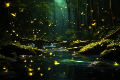 Enchanting Night in a Mystic Forest with Fireflies by the River