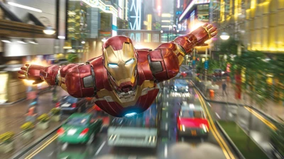 Iron Man s'élève à travers un paysage urbain animé