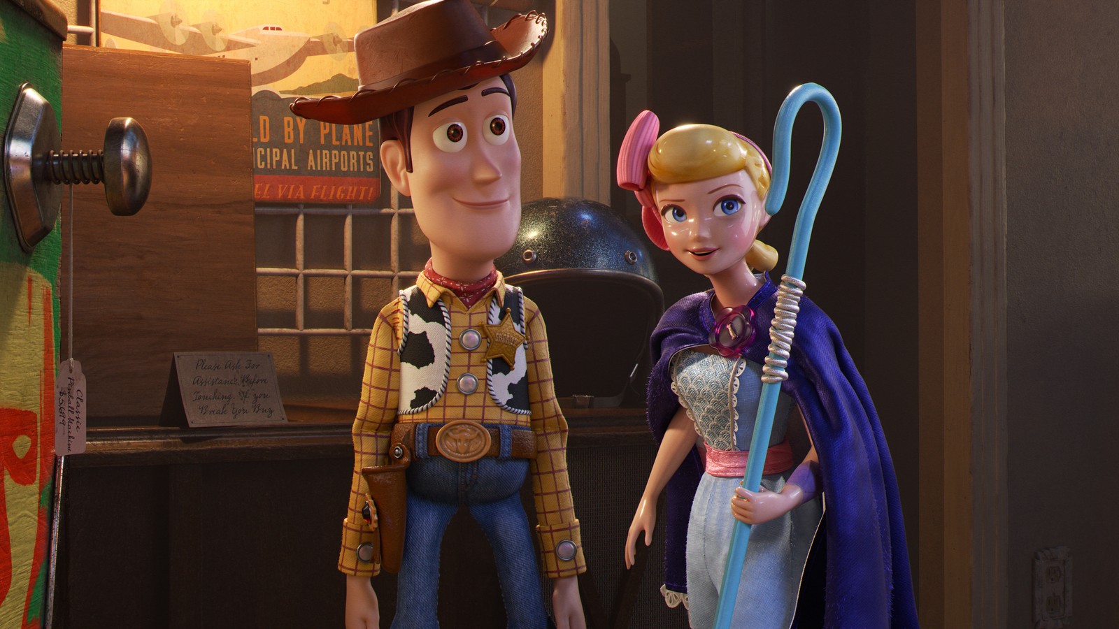 Toy story characters are posed in a scene from the animated film toy story (toy story 4, movie, woody, bo peep)