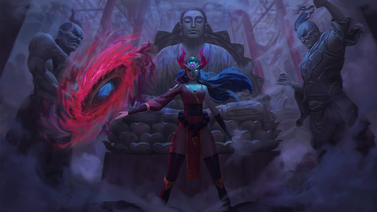 Une femme en tenue rouge tenant une boule de feu rouge (sivir, lune de sang, league of legends, lol, jeu vidéo)