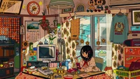 Chica de anime en uniforme escolar se sienta en un escritorio desordenado en un apartamento acogedor, rodeada de decoración nostálgica y carteles coloridos.