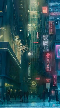 A vibrant cyberpunk cityscape illuminated by neon signs, showcasing futuristic architecture and a bustling atmosphere, with reflections on wet pavement and figures navigating the urban environment.