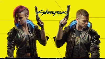 Cyberpunk 2077: V e dupla de personagens em estética futurista