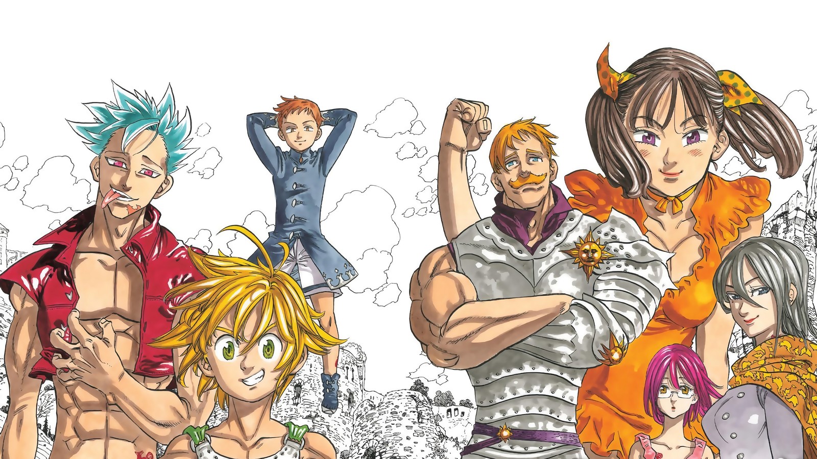 Un grupo de personajes de anime posando para una foto frente a una multitud (miembros, nanatsu no taizai, los siete pecados capitales, the seven deadly sins, anime)