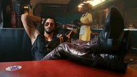 Johnny Silverhand relaxando em um diner cyberpunk