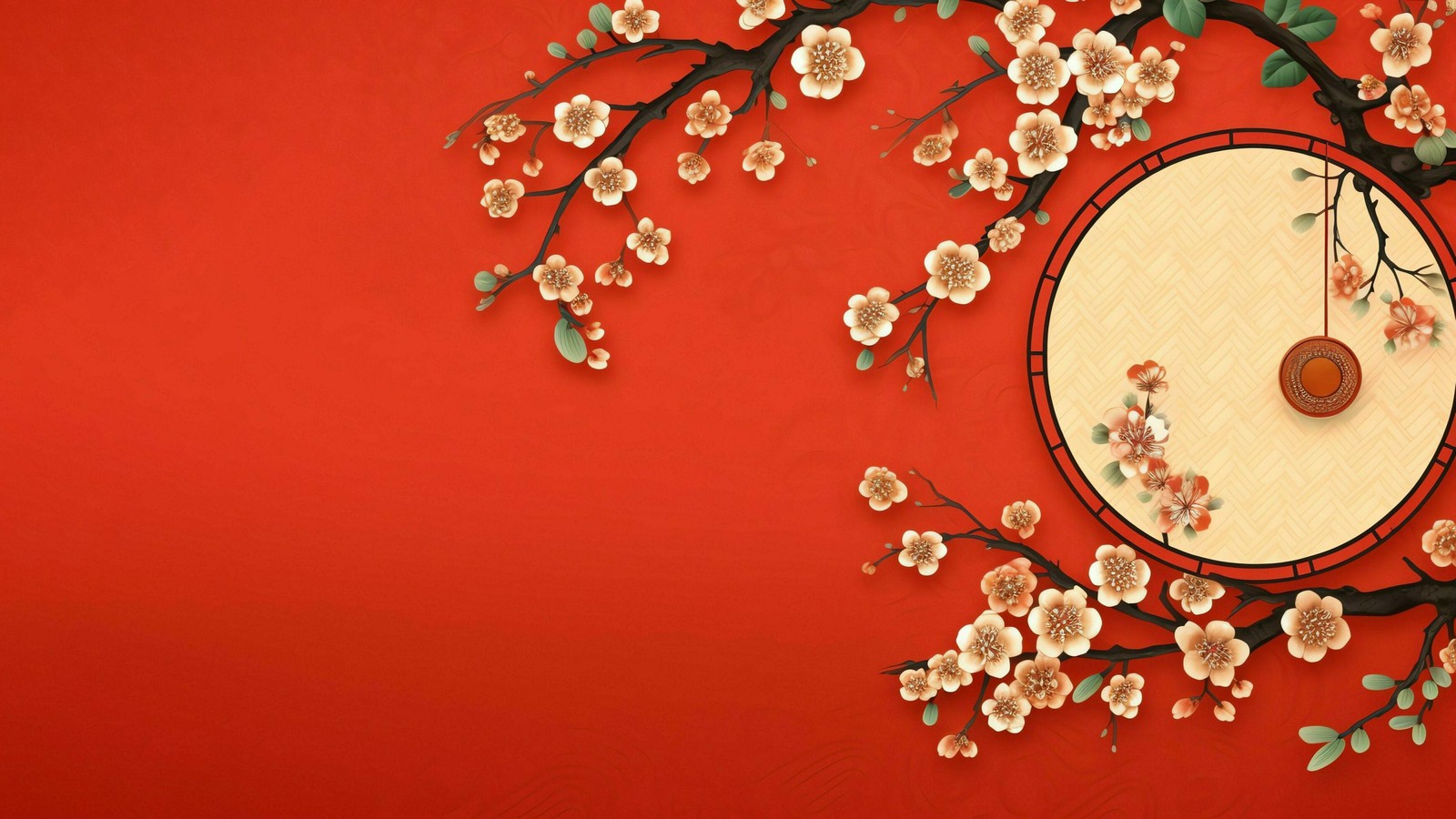 There is a clock on a red wall with a cherry blossom (chinese new year, tradition, sakura, floral designs, red background)