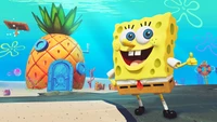 Bob Esponja Pantalones Cuadrados frente a su casa de piña de Batalla por Bikini Bottom Rehidratado