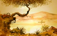 painting, watercolor paint, tree, savanna, landscape wallpaper