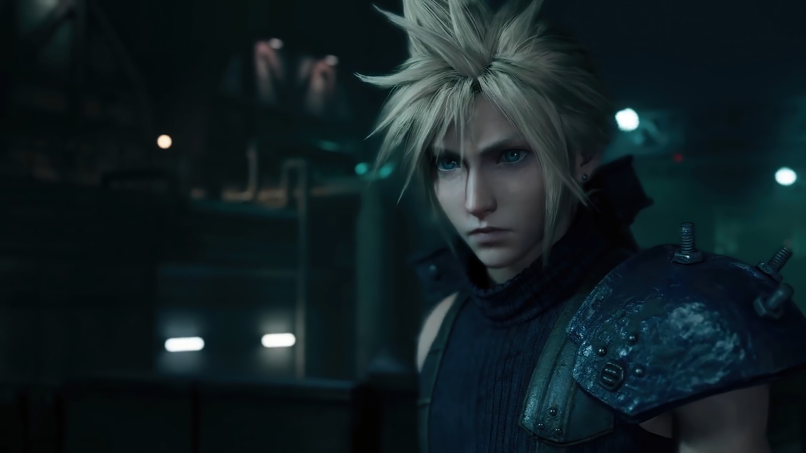 Мужчина с blond волосами и голубыми глазами, стоящий в темной комнате (final fantasy 7 remake, final fantasy vii remake, ff7, ffvii, видеоигра)