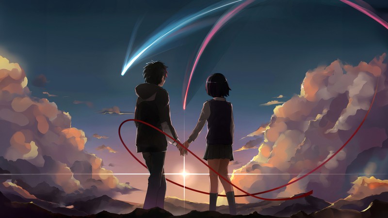 Два человека держатся за руки и смотрят на звездный след (твое имя, your name, комета тиямат, comet tiamat, произведение искусства)