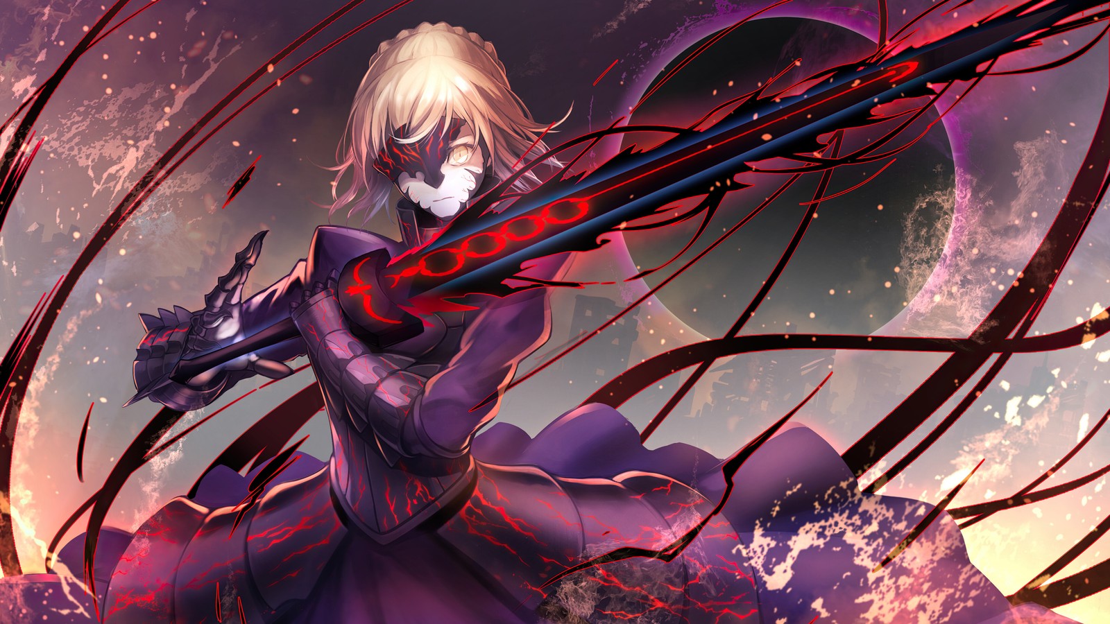 Une femme en robe violette tenant une épée et un orbe rouge (sabre, alter, artoria pendragon, fategrand order, fate grand order)